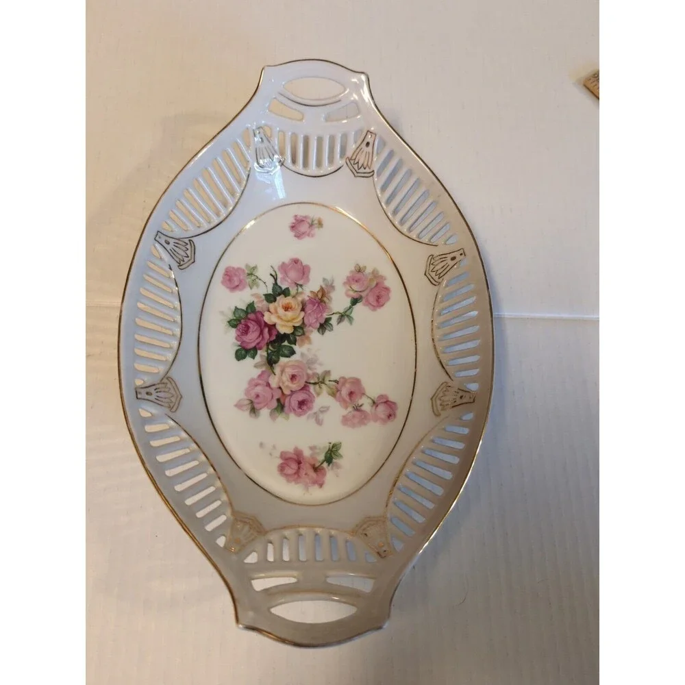 Bavaria German Reticulated Serving Bowl Dish Rose Floral Oval Double Handled